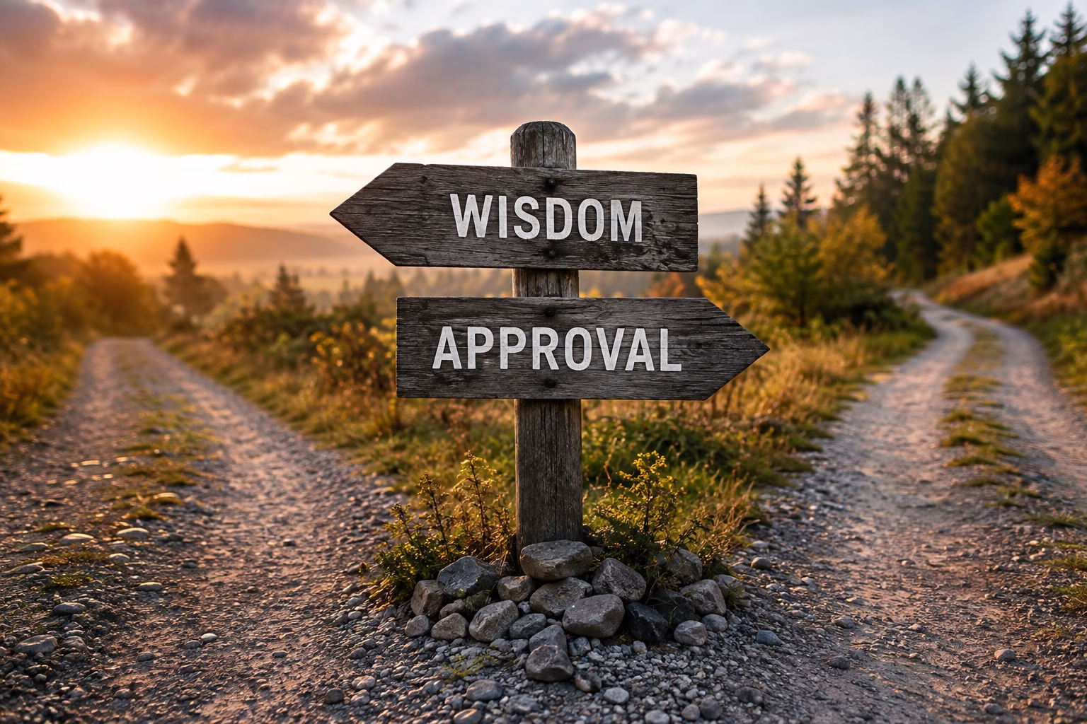 Wooden signpost at a fork in the road pointing toward “Wisdom” and “Approval,” representing the choice between seeking wise counsel and seeking validation.